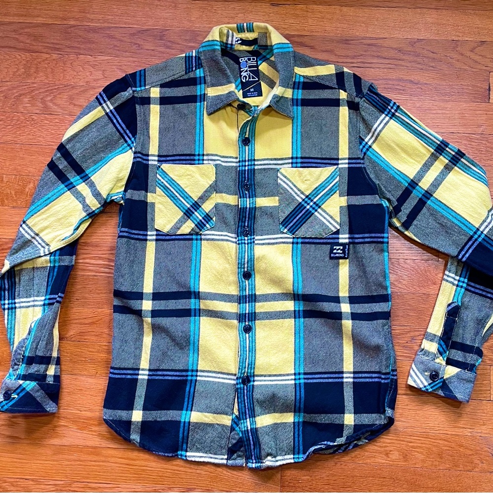 BILLABONG Flannel Men's SIZE Medium Gray Yellow Blue Plaid Long Sleeve